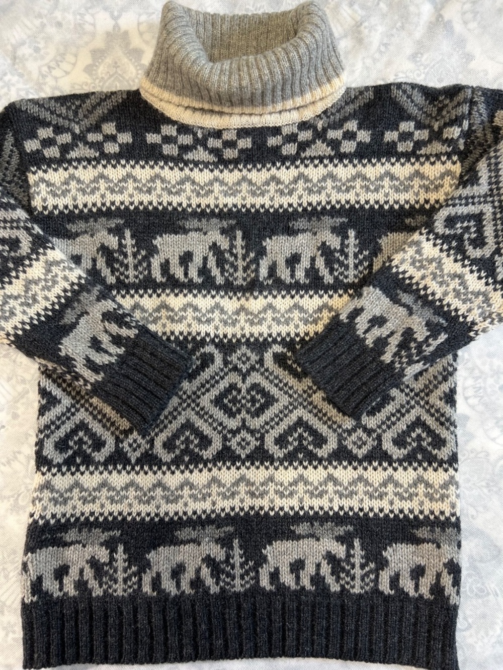 VTG Eddie Bauer 1992 100% Wool Gray Nordic Fair Isle Moose Turtleneck Sweater S